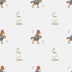 Whimsical watercolor pattern featuring a horse and duck in festive attire on white background