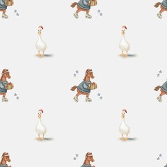 Colorful watercolor pattern featuring cheerful animals in playful winter attire for textile design