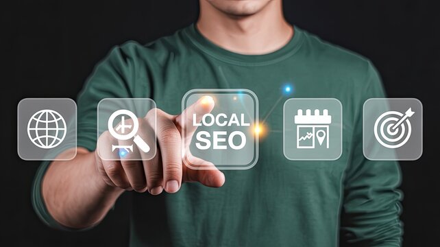 Man s finger touching a digital interface displaying local seo with icons for global search analytics and target achievement - Powered by Adobe