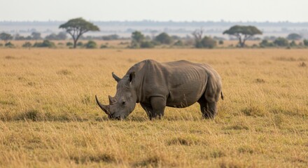 Fototapeta premium A rare rhinoceros spotted in the Serengeti National Park, walking across the open savanna. Majestic endangered species in its natural African habitat.