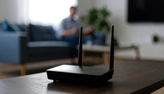 Modem and router box on the table and living room background blur concept
