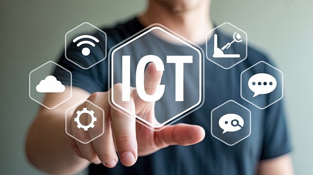 Man s finger touching a digital interface with the word ict surrounded by technology icons representing cloud wifi gear and communication
