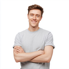 Obraz premium Smiling Man in Gray T-Shirt , white background cut out PNG