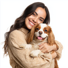 Woman and Dog Embrace , white background cut out PNG
