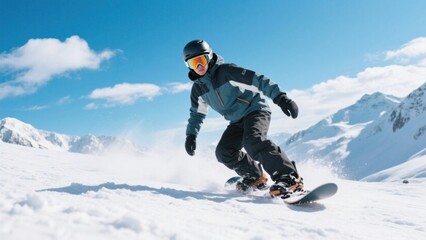 A skier in professional gear glides down a snowy mountain, showcasing the dynamic energy and charm of snowboarding.