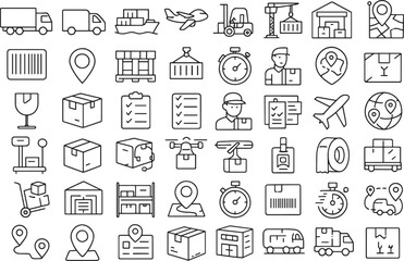 Obraz premium Outline Pictogram Set for Cargo, Transportation, and E-commerce Logistics