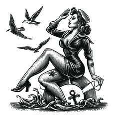 Vintage Sailor Woman with Anchor and Seagulls in Black and White Vector Art