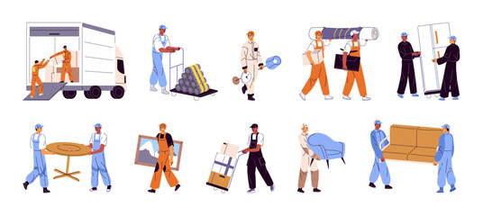 Set of loader people. Movers load cardboard boxes into lorry. Couriers deliver parcel packages, carry furniture for moving. Delivery service. Flat isolated vector illustrations on white background
