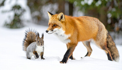 Obraz premium the image captures a scene of a fox and a squirrel in a snowy environment. the fox, with its vibrant reddish orange fur and dark legs, is positioned on the right side of the frame