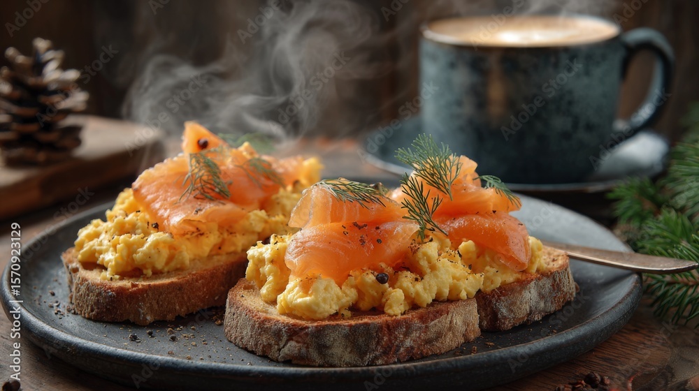 Poster a cozy breakfast scene featuring two slices of toasted bread topped with scrambled eggs and smoked s