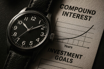 Classic wristwatch next to investment goal sheet showing compound interest growth chart representing time value of money financial planning and long term wealth building strategy