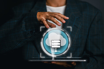 Visual representation of hosting with cloud technology, showcasing digital data management on a...