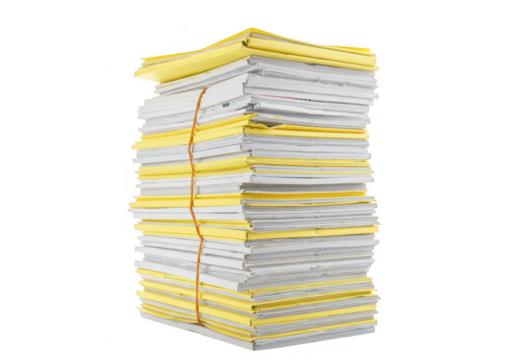 A tall stack of papers tied with a rubber band isolated on transparent background