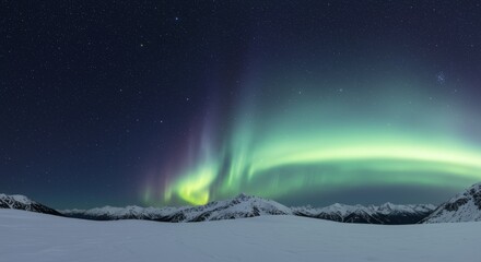 Aurora Borealis Over Snowy Mountains A Breathtaking Night Sky Panorama