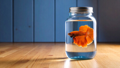 the image shows a vividly colored fish inside a jar filled with water. the container has a metal lid and is placed on a light brown wooden surface