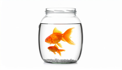 against a stark white background, a large glass jar is filled with water, housing two orange fish. the bottom of the jar is covered with small white pebbles
