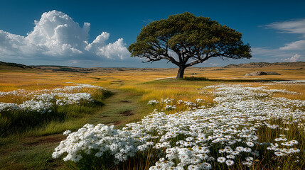 Scenic landscape featuring a single tree and a field of white daisies under sky