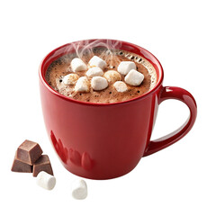 Hot chocolate with marshmallows in red mug with steam and chocolate pieces isolated on transparent background