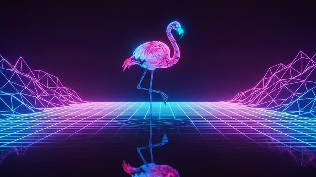 Vibrant Neon Flamingo Scene with Geometric Terrain, A Retro-Inspired Synthwave Landscape