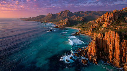 Serene coastal cliffs layered dramatically beneath a softly gradient pastel sky