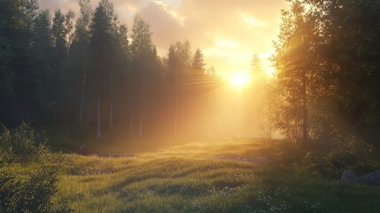 Fototapeta premium Bright sun illuminating a clearing in the forest