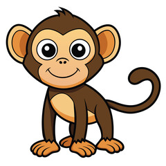 Cute brown cartoon monkey stands happily with a bright smile on a white background