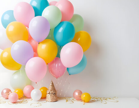 colorful balloons on a white background, Pastel balloons and paper decorations on a white background with copy space. Festive craft party decoration, frame, or border for text. birthday celebration - Powered by Adobe