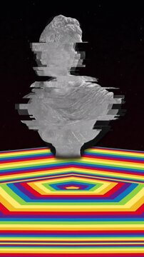 Animation of statue over moving coloured hexagonal surface with dark background