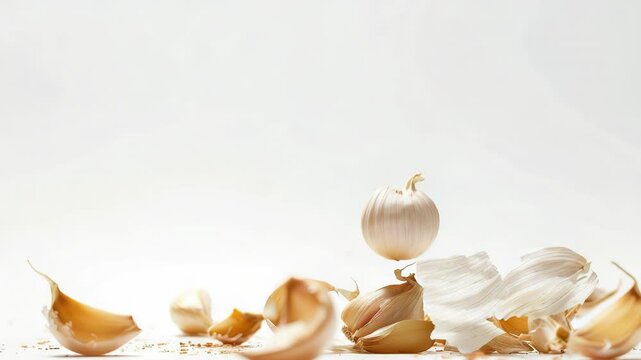 Airborne garlic cloves, a unique and whimsical scene