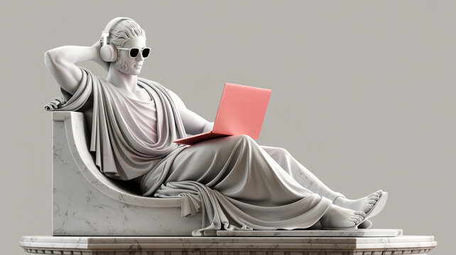 Modern Greek Marble Statue with Headphones and Laptop – Conceptual Business Illustration on Pastel Background Confident greek businessman marble statue sculpture thinking and working with laptop