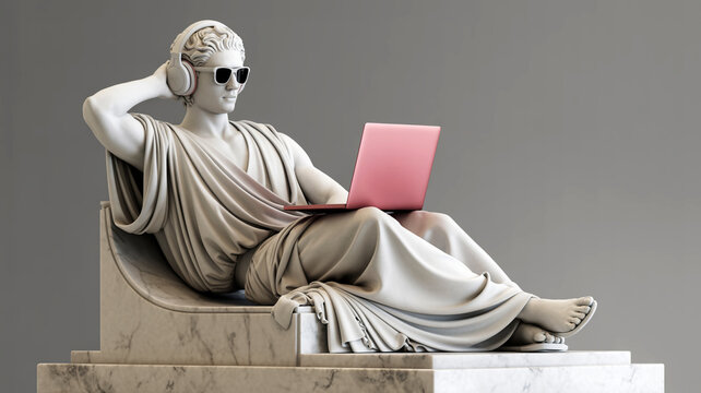 Modern Greek Marble Statue with Headphones and Laptop – Conceptual Business Illustration on Pastel Background Confident greek businessman marble statue sculpture thinking and working with laptop
