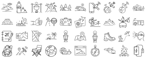 Obraz premium An adventure icon set for travel agencies and outdoor enthusiasts, focused on camping, exploration and nature, to make navigation easier
