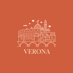 Outline vector of Verona skyline with iconic monuments, hearts and arches. Romantic city design on warm background