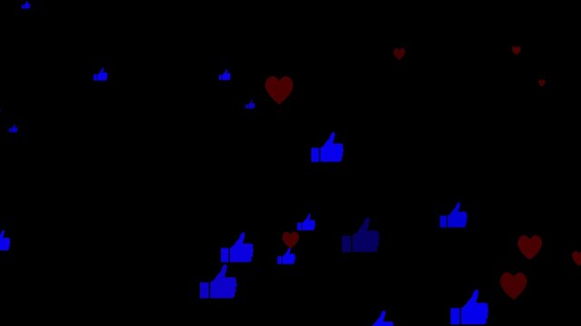 Social media like, love, emoji icon animation on transparent background with Alpha channel. Facebook Live  stream reactions black screen. social media Like react element. love heart, emotional react.