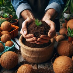 Gardener hands holding coconut coir compost