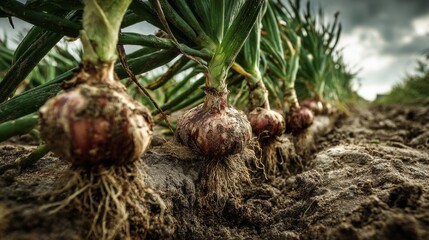 A dramatic shot of shallots being harvested from the soil, with dirt clinging to their roots and green tops, showcasing the farm-to-table concept