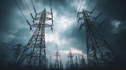Fototapeta premium A dramatic shot of tall steel electricity transmission towers against a backdrop of stormy skies, capturing the power and majesty of energy infrastructure