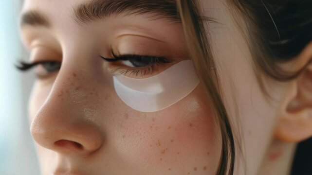 A close-up shot of a woman's face with eye patches, suitable for use in mystery or thriller contexts