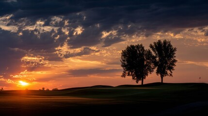 Fototapeta premium A dramatic sunset view over a golf course, with silhouettes of trees and a distant flagstick, capturing the beauty of the game at the end of the day