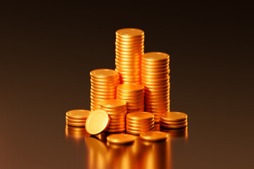 Realistic 3D Gold Coin and Coins Stack with Shiny Cash Pile Isolated on Currency Money Background.