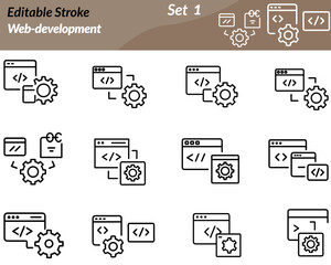 A web development icon set includes vector illustrations of coding and internet-related elements such as HTML tags code editors browsers servers UI/UX tools and responsive layouts. Ideal for developer
