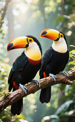 Fototapeta premium Pair of Vibrant Toucans with Colorful Beaks Perched Gracefully on Branch in Lush Tropical Rainforest – Ideal for Nature Lovers, Birdwatching, and Wildlife Photography