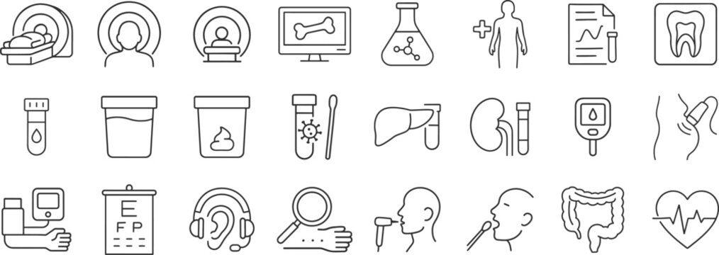Diagnostic tests, scans and medical procedures illustrated with clear linear icon set. Includes bloodwork, imaging, sample collection and routine health assessments vector illustration.
