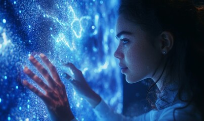 AI in business and education. Female businesswoman interacting with a blue holographic digital screen with AR artificial intelligence and machine learning technology, Generative AI