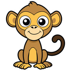 A happy cartoon monkey with big eyes is sitting down looking forward