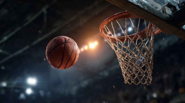 A dynamic image of a basketball being shot from the free-throw line, with the ball in mid-air and the hoop and backboard clearly visible.