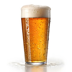 Photo of a condensationcovered pint of light beer with a thick head, isolated on transparent background
