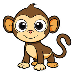 Fototapeta premium Cartoon baby monkey with big eyes smiles gently while sitting happily on a white background