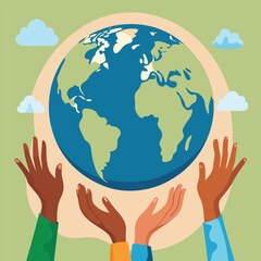 Global hands cradling a green earth, symbolizing environmental care and protection