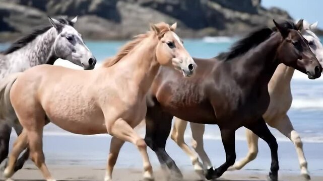  chevaux galopant au ralenti sur une plage